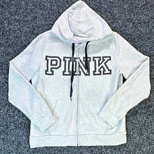 PINK Victoria's Secret Gray Full Zip Hooded Fleece Hoodie Logo Pockets M
